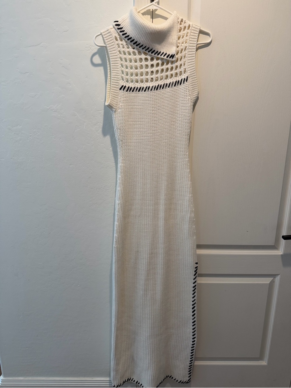 STAUD Adair Ivory Black Open Knit Sleeveless Maxi Dress Size L